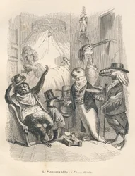 Leniwiec ziewnął, że czeka. Winiety ilustrowane przez JJ Granville. Rycina sygnowana Godard w części zatytułowanej "Les animaux medecins" napisanej przez Pierre Bernard w "Scenes de la vie privee et publique des animaux". Paryż, J. Hetzel et Paulin