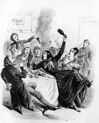 Lunch chłopców z 2 płci: mężczyźni i kobiety pijący alkohol i palący, rysunek Jean Ignace Isidore aka JJ Grandville