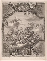 Apollo rozdaje nagrody, a Minerva koronuje geniusz Francji Apollon distirbuë des recompenses aux Sciences et aux Arts, et Minerve couronne le Genie de la France (tytuł na przedmiocie) Malowidła na suficie w Pałacu Wersalskim (tytuł serii)