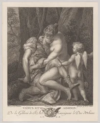 Wenus opłakuje Adonisa, siedzącego pod drzewem i obejmującego go, z Kupidynem po prawej stronie, c..., ca. 1786.