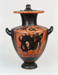 Czarnofigurowa hydria strychowa przedstawiająca Atenę i Heraklesa w walce, a poniżej Herakles walczący z Nereosem, ok. 520 r. p.n.e.