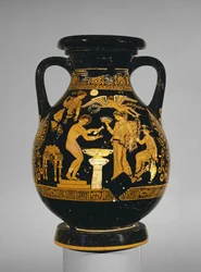Apulijski pelike czerwonofigurowy ozdobiony sceną panny młodej w toalecie, Grupa ssąca, znaleziona w Basilicata, ok. 375-350 pne (ceramika)