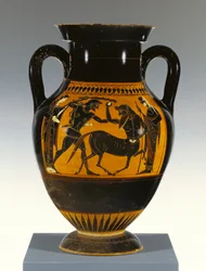 Ateński Attic czarna-figura-amfora typu B z Heraklesem atakującym centaur, 530-20 pne (terakota)