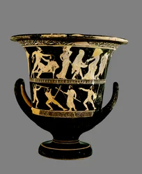 Czerwonofigurowy kielich-krater na poddaszu ozdobiony scenami przygód Tezeusza, autorstwa Dinos Painter, ok. 425 (ceramika)