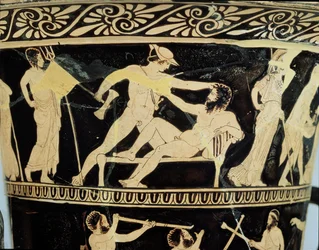 Czerwonofigurowy kielich-krater na strychu ozdobiony scenami przygód Tezeusza, detalami Tezeusza i gigantycznego Prokruste, autorstwa Dinos Painter, ceramika ok. 425 p.n.e.