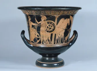 Czerwonofigurowy krater poddasza przedstawiający hoplitę wyjeżdżającego na wojnę (ceramika) (zob. też 223268)