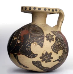 Korynckie czarne figury kuliste aryballos przedstawiające zwierzęta, środkowy okres koryncki (600-575 pne) (glina)