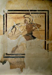 Sztuka grecka: „”pinaks (tablica wotywna) z terakoty przedstawiający hoplitę w pełnej rasie””” 520-510 pne. Słońce. h. 65,5 cm Ateny, Muzeum Akropolu (inw. 67)