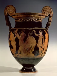 Karneia, czyli dożynki, czerwonofigurowy krater wolutowy, koniec V wieku p.n.e. - początek IV wieku p.n.e. (ceramika)