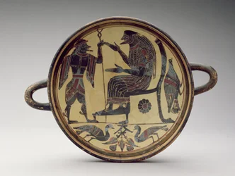 Lakoński puchar kylix przedstawiający Zeusa i Hermesa, ok. 550-530 pne (glina) (patrz także 288296 i 288298)
