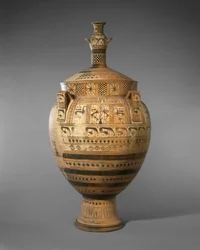 Krater z terakoty z pokrywą zwieńczoną małą hydrią, ok. 1900 r. 750-740 pne (terakota)