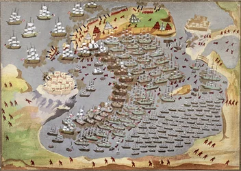 Bitwa pod Navarino 20 października 1827 roku, z Ilustrowanej historii greckiej wojny o niepodległość