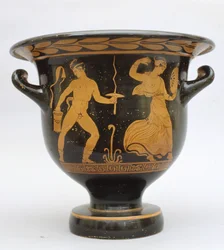 Krater protoapulijski w kształcie dzwonu z satyrem i maenadą z Matery we Włoszech (ceramika)
