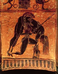 Ceramika czarnofigurowa, wazon Francois, Attic volute krater sygnowany przez garncarza Ergotimosa i malarza Kleitiasa, detal, Ajax Telamon niosący zwłoki Achillesa, 570-560 p.n.e.