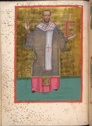 Egerton 2392, f.5v, miniatura stojącego Jana Chryzostoma trzymającego księgę, z Leitourgikonu zawierającego obrzędy święceń i modlitwy
