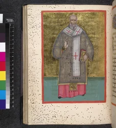 Egerton 2392, fol. 47v, Święty, z „Leitourgikonu, zawierającego obrzędy święceń i modlitwy”