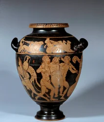 Sztuka grecka: ceramiczne stamnos strychowe z czerwonymi figurami. Scena dionizyjska. Malarz Danae