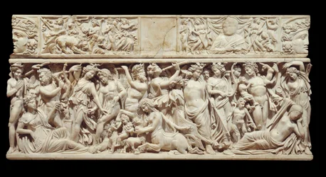 Sztuka grecka: marmurowy relief z sarkofagu przedstawiający Dionizosa (lub Bachusa) odkrywającego śpiącą Ariadnę. Bóstwu towarzyszy orszak satyrów. 230 n.e. Z Saint-Médard-d