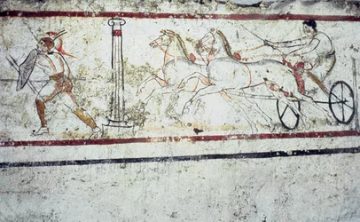 Lucanian fresk nagrobny przedstawiający gladiatora i mężczyznę na rydwanie, Paestum 350-330 p.n.e.