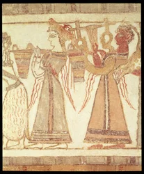Rytualna scena kultu, prawdopodobnie dotycząca kultu zmarłych, detal dekoracji na sarkofagu z grobowca w Ayia Triada, Kreta, późny okres minojski, c.1390 pne