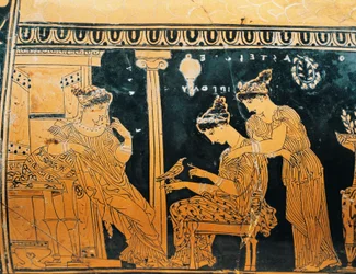 Ceramika z czerwonymi figurami, Epinetron autorstwa Eretria Painter, przedstawiająca kobietę przy toalecie, detal