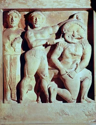 Relief przedstawiający Perseusza pomagającego Atenie zabić Gorgonę, metopa ze świątyni Selinunte na Sycylii (kamień)