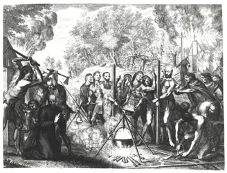 Śmierć niektórych ojców jezuitów w Nouvelle-France, z „Historiae Canadensis” Francois Ducreux, opublikowanej w 1664 r.