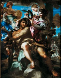 Herkules witany na Olimpu Reprezentacja Apoteozy Herkulesa (Heraklesa) witana wśród bogów na Olimpu, jest koroną laurową. Obraz Gregorio De Ferrari (1647-1726) Kolekcja prywatna