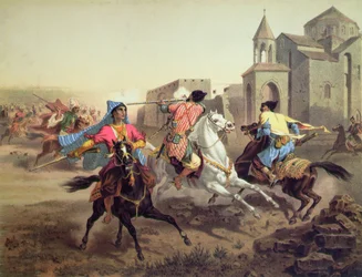 Potyczka Persów i Kurdów w Armenii, druk Alfred Leon Lemercier, Paryż, ok. 1850-60 (kolor lito)