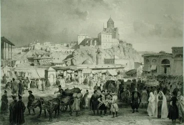 Bazar na Majdan Square, Tiflis, Georgia, płyta 25 z księgi o Kaukazie, rytowana przez Adolphe Jean-Baptiste Bayot (1810-66) i Eugene Ciceri (1813-90), wyd. Alfred Leon Lemercier, Paryż