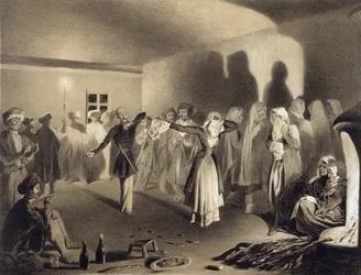 Potańcówka w Kagha-Choura, Dagestan, tablica 55 z księgi o Kaukazie, sztychowana przez Celestina Francois Nanteuila (1813-73), wyd. Alfred Leon Lemercier, Paryż, 1847