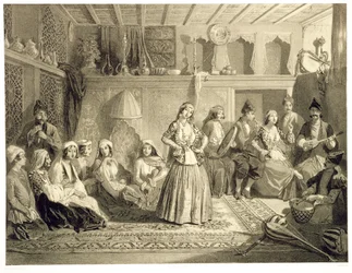 Pokój Wypoczynkowy przy Łaźniach w Szemakze, na Stepie Szyrwanskim, tablica 40 z księgi o Kaukazie, rytowana przez Charles Claude Bachelier i Adolphe Bayot (1810-66) wyd. Alfred Leon Lemerci