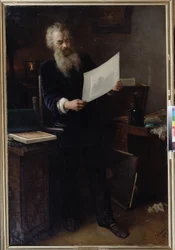 ""Pierwsze wrażenie"" (Pierwsze wrażenie). Portret artysty Iwana Iwanowicza Szyszkina (Iwana Iwanowicza Szyszkina) (1832-1898) przyglądającego się jednej ze swoich właśnie wykonanych prac. Obraz Grigorija (Grigoriy, Grigory) Grigoryevich Myasoyedov (