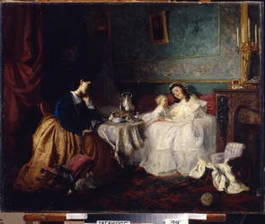 Drugie szczęście (Inne szczęście). Scena życia rodzinnego, przedstawienie związku i miłości macierzyńskiej. Obraz Grigorija (Grigoriy, Grigory) Grigoryevich Myasoyedov (Myasoedov, Miasoedov) (1834-1911), olej na płótnie