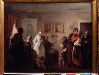 Les felicitations a un couple de jeunes maries dans un manoir. (Congratulations To The Newly Married Couple In A Manor House). Peinture de Grigori (Grigoriy, Grigory) Grigoryevich Myasoyedov (Myasoedov, Miasoedov) (1834-1911), huile sur toile   1410139   p