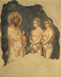 Adam i Ewa przed Wiecznym, autorstwa Guariento (czynny od 1338, zm. ok. 1367), fresk, Kaplica Carrarese, Galilejska Akademia Sztuk i Nauk, wcześniej Patavina, Padwa, Włochy, ok. 1350