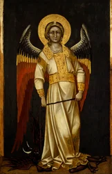 Anioł z demonem na łańcuchu Guariento (aktywny 1338-1367 lub 1370), tempera na desce, ok. 1354
