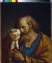Święty Piotr Apostoł. Portret ucznia Jezusa ocierającego łzy spływające po jego twarzy. Obraz Giovanniego Francesca Barbieriego, zwanego Guercino (Il Guercino) (1591-1666)