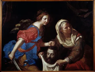 Głowa Judyty i Holofernesa. Jego służąca Abra trzyma torbę, podczas gdy Judith kładzie głowę mężczyzny. Obraz Giovanniego Francesco Barbieri dit Guercino (The Guerchin