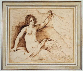 Leżąca naga kobieta podnosząca zasłonę