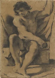 Siedzący nagi młody mężczyzna w niemal frontalnym ujęciu, około 1618