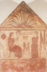 Malowany nagrobek przedstawiający kobietę siedzącą na tronie w akcie wirowania, z Andriuolo-Laghetto w Paestum, Kampania, Włochy