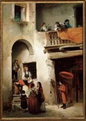Ostatnie namaszczenie, rodzina czekająca przed domem umierającego człowieka Obraz Guglielmo Castoldi (1823-1882) 1858 Dim 89x64 cm Genes, Galleria d