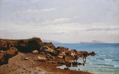 Rybacy na wybrzeżu Neapolu, z wyspą Capri w tle, Guglielmo Ciardi (1842-1917), olej na płótnie, 47,5x76,5 cm