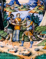 Naczynie: Latinus i Eneasz, detal, ok. 1540 r. (majolika)