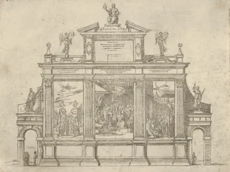 Fasada pomnika triumfalnego z trzema scenami przedstawiającymi czyny papieża Klemensa VIII, t..., 1598.