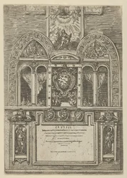 Fasada Palazzo del Senato w Bolonii z herbem papieskim w centrum, z tymczasowym ..., 1598.
