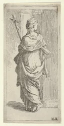 Dziewczyna niosąca krucyfiks i idąca w kierunku pilastra, widziana z tyłu, ok. godz. 1590-1600.