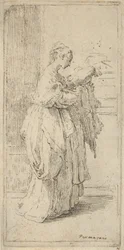 Dziewczyna niosąca poduszkę, widziana z profilu w prawo, 1590-1690.