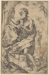 Św. Hieronim klęczący na skale przed krzyżem i otwartą księgą zwróconą w lewo..., ok. godz. 1600-1640.